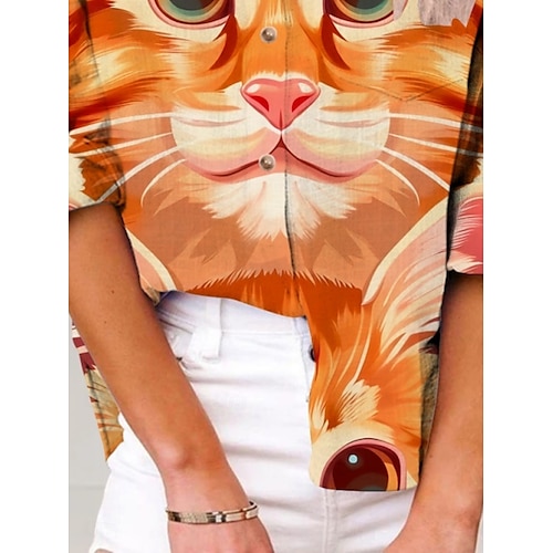  Women's Shirt Cat Active Daily Stylish Long Sleeve Shirt Collar Regular Tops Daily Holiday Buttons Print Yellow Summer Spring Fall