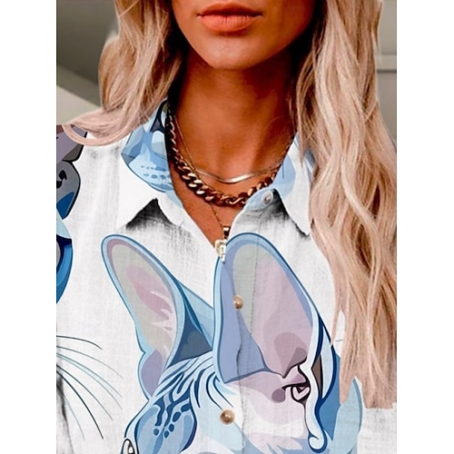  Women's Shirt Cat Active Daily Stylish Long Sleeve Shirt Collar Regular Tops Daily Holiday Buttons Print Blue Summer Spring Fall