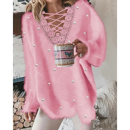  Femmes T-shirt Uni Occasionnel manche longue Col en V Hauts Réguliers Quotidien Sortir Week-end Dentelle Rose Claire Été