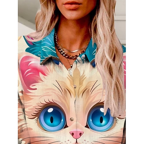  Women's Shirt Cat Active Daily Stylish Long Sleeve Shirt Collar Regular Tops Daily Holiday Buttons Print Pink Summer Spring Fall