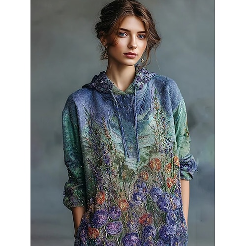  Felpa con cappuccio da donna in 3D stampato oversize maniche lunghe casual grafica floreale calda attiva top regolari street abbigliamento quotidiano patchwork viola primavera autunno inverno