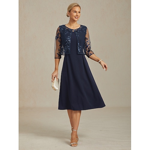  damkavaj kavaj spets broderad paljett illusionsspets elegant blommig formell jubileumsfest bröllopsgäst öppen framsida kort rund hals normal passform 3/4-ärm ytterkläder marinblå