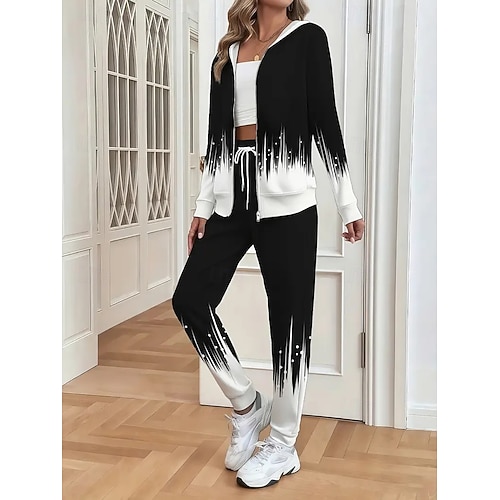  Completo da donna due pezzi, attivo, quotidiano, con felpa e pantaloni, manica lunga, girocollo, con cappuccio, stampa floreale sfumata, con coulisse, casual, nero e bianco, autunno, vestibilità