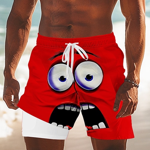  Men's 3D Cartoon Funny Smile Face Lined Shorts 2 in 1 Board Shorts Swim Shorts Mid Waist Hawaiian Holiday Side Pockets With Compression Liner Elastic Drawstring Waist Designer Clothing Apparel