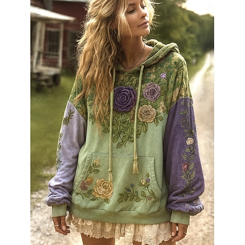  Women's Pullover Hoodie Sweatshirt Floral Graphic Casual Boho Long Sleeve Hooded Regular Tops Street Dailywear Patchwork Print Front Pocket Yellow Pink Purple Green Spring Fall Winter