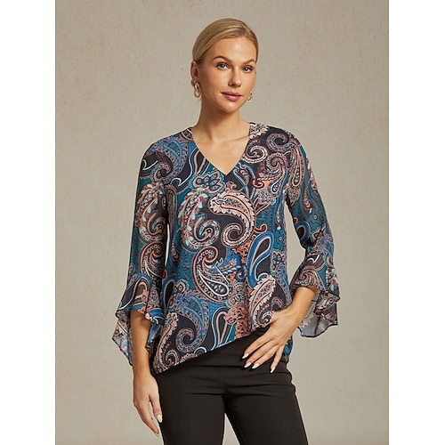  Per donna Camicia Boho Blusa Paisley Vintage Elegante Casual Manica Lunga Scollo a V Top Regolari Ospite di nozze Lavoro Quotidiano Volant Blu marino Estate Primavera Autunno