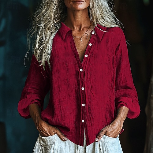  Pentru femei Cămașă Bluză texturată Cămăși inspirate din in Bluză Simplu Modern Casual Manșon Lung Guler Cămașă Topuri obișnuite Zilnic Concediu Ieșire Nasturi Negru Alb Galben Roz Îmbujorat Roșu Vin