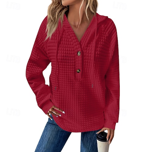  Dame Teksturert genser Pullover hettegenser-genser عادي Gatemote Fritid Langermet Med hette Vanlige topper Gate Ferie Ut på byen Knapper Svart Hvit Rosa Vin Høst Vinter