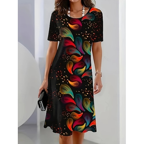  Elegantní dámské večerní midi šaty s krátkým rukávem a výstřihem do krku A-line šaty ležérní boho každodenní regular fit ombre květinová grafika černá léto jaro podzim