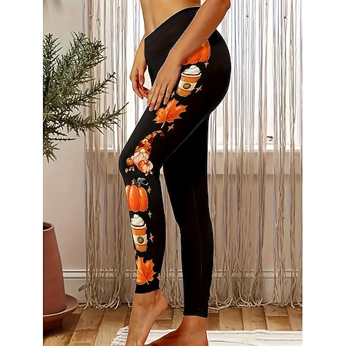  Femmes Leggings Vacances ancien Mode Longueur complète Taille hautePantsHalloween Graphique Potiron Impression Doux Respirant Haute Élasticité Extérieur Vacances Rue Orange Printemps Automne Hiver