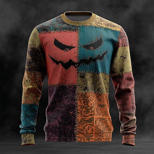Halloween Herren Farbblock Pullover Strickware Rundhalsausschnitt Lässig Urlaub Täglich Festival 3D-Druck warm halten Langarm Frühling Herbst Winter Blau Braun Grün