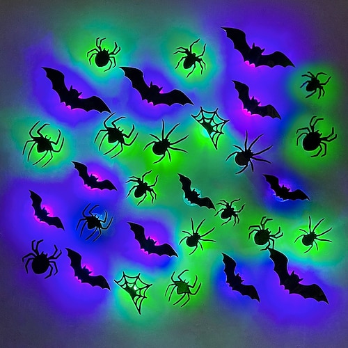  Halloweenské 3D samolepky na zeď s netopýrem, pavoukem, LED tištěné samolepky na netopýry, odnímatelné samolepky na okna do koupelny, dveří, domova, ložnice, párty potřeby
