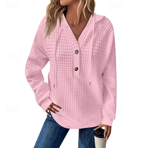  Dame Teksturert genser Pullover hettegenser-genser عادي Gatemote Fritid Langermet Med hette Vanlige topper Gate Ferie Ut på byen Knapper Svart Hvit Rosa Vin Høst Vinter