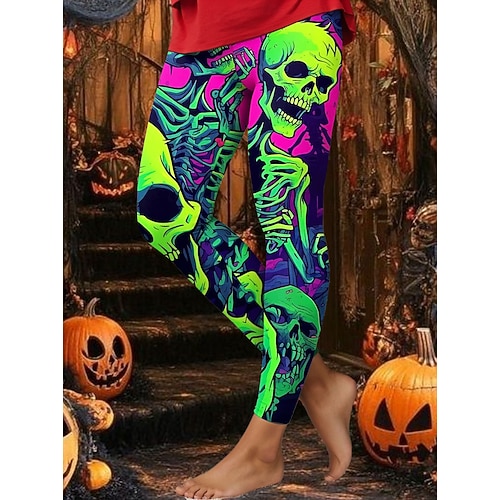 Mulheres Leggings Férias Vintage Moda Mimolet Cintura AltaPantsHalloween Gráfico Caveiras dia das Bruxas Estampado Macio Respirável Com Stretch Férias Rua Casual Branco Azul Verde cáqui Primavera