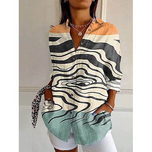  Damen Hemd Grafik Geometrisch Vintage Täglich Lässig Langarm Bischofsärmel Hemdkragen Normale Oberteile Täglich Ferien Druck Salbeigrün Orange Grün Khaki Sommer Frühling