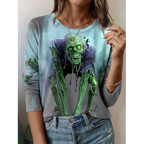  Halloween Dame T skjorte Grafisk Hodeskaller Årgang Mote Stilfull Langermet Crew-hals Vanlige topper Daglig Helg Trykt mønster Gul Blå Lilla Grønn Sommer Vår Høst