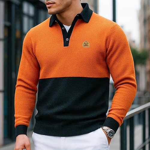 Herren Waffel-Poloshirts Poloshirts Urlaub Lässig Gerippter Polokragen Langarm Mode Einfarbig Halloween Farbblock Knöpfe Herbst Frühling & Herbst Normale Passform Orange / Schwarz Waffel-Poloshirts