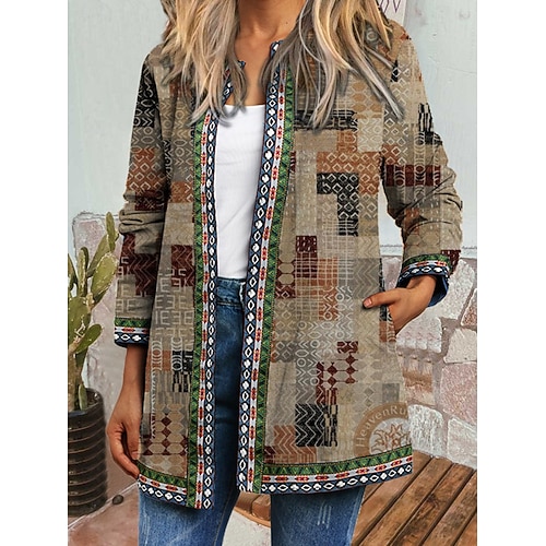  Dame Uformell jakke Vindtett Hold Varm Lomme Fargeblokk Åpen Forside Med lommer Elegant Årgang Moderne Geometrisk Avslappet Daglig Fritid / hverdag Kort Crewneck Normal Langermet Yttertøy Rosa Lilla