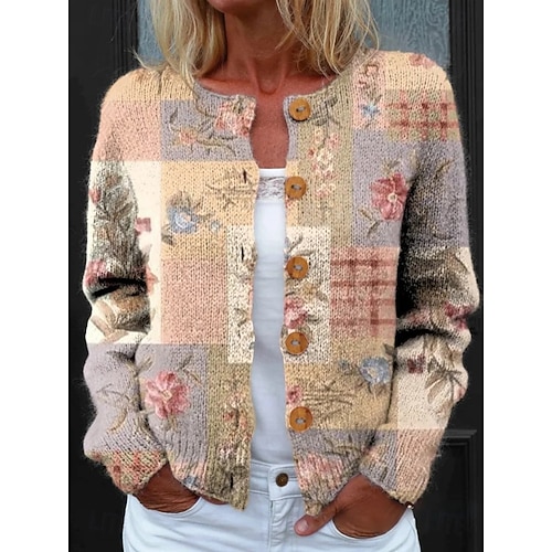  Femmes Cardigan Élégant Vacances ancien Fleuri Graphique Côtelé Col ras du cou Boutons Imprimé manche longue Hauts Réguliers Tricoter Extérieur Week-end Vert Claire Rose Claire Automne Hiver