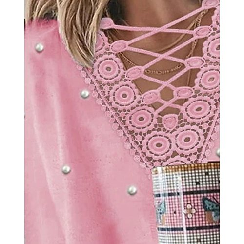  Femmes T-shirt Uni Occasionnel manche longue Col en V Hauts Réguliers Quotidien Sortir Week-end Dentelle Rose Claire Été