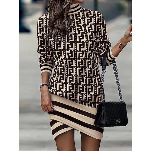  Damen Sweatshirtkleid Mini Kleid Wickelkleid Party Lässig Halbformal Formal Outdoor Zuhause Reguläre Passform Grafik Geometrisch Langarm Rollkragen Schwarz Khaki Aprikose Frühling Herbst Winter