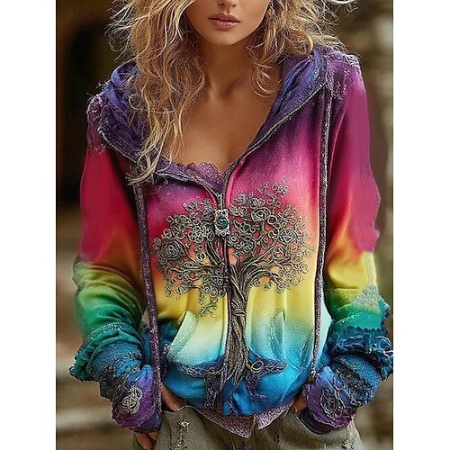  Women's 3D Print Vintage Boho Hoodie Patchwork Hoodie Sweatshirt Floral Zip Up s Floral Punk Active Vintage Long Sleeve Hooded Regular Tops Home Dailywear Casual Yellow Pink Blue Purple Fall Winter