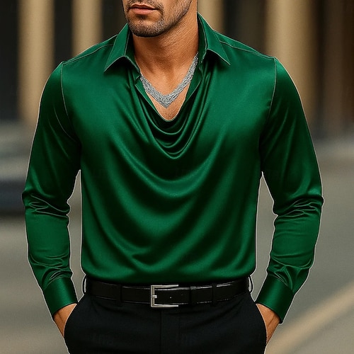  Men's Shirt Silk Like Satin Shirt Casual Shirt Plain Formal Wedding Silver Black Gold Green Long Sleeve Lapel Spring &  Fall All Seasons Clothing Apparel Ruched