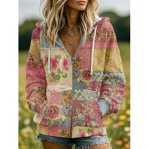  Kvinners 3D Print Hetter Sweatshirt Jakke Langermet Zip Up Hetter Med Lomme Lett Kledelig Mikrodeformbar Zip Up Hetter Blomster Grafisk Gate Hverdagsklær Patchwork Lomme Gul Rosa Høst