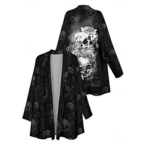  Damen Mantel Leicht Bequem Druck Vintage Künstlerisch Lässig Halloween Schädel Lässig Lang Kragenlos Normale Passform Langarm Oberbekleidung Schwarz Weiß Rote Frühling Herbst