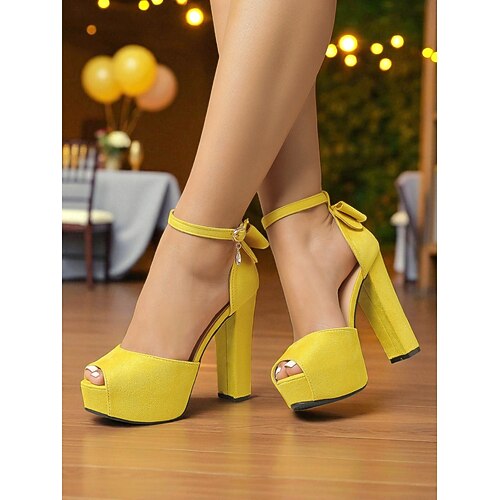 Sandalias de tacón alto con plataforma amarilla para mujer, punta