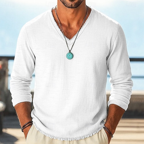 Herren Leinen-T-Shirt Langarm V Ausschnitt Sommer Frühling Einfarbig Einfach Vintage Böhmische Lässig Rohkante Urlaub Straße Lässig Weiß Rosa Hellblau Top T-Shirt für Herren  Herren Leinen-T-Shirt Langarm V Ausschnitt Sommer Frühling Einfarbig Einfach Vintage Böhmische Lässig Rohkante Urlaub Straße Lässig Weiß Rosa Hellblau Top T-Shirt für Herren
