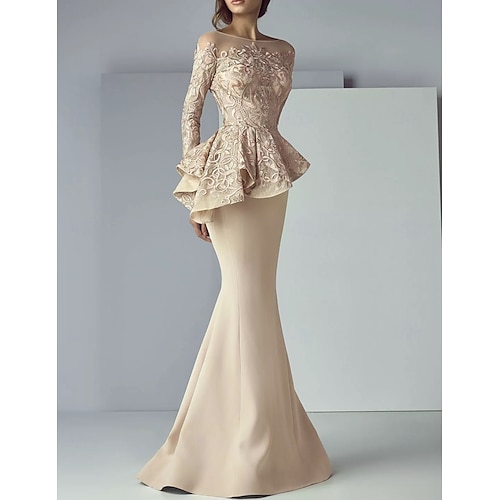 Robe Sirène Mère de la Mariée Invité de Mariage Formelle Élégante Col Arrondi Longueur au Sol Dentelle Tissu Élastique Manches Longues avec Volants Appliques