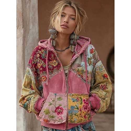  Kvinners 3D Print Hetter Sweatshirt Jakke Langermet Zip Up Hetter Med Lomme Lett Kledelig Mikrodeformbar Zip Up Hetter Blomster Grafisk Gate Hverdagsklær Patchwork Lomme Gul Rosa Høst