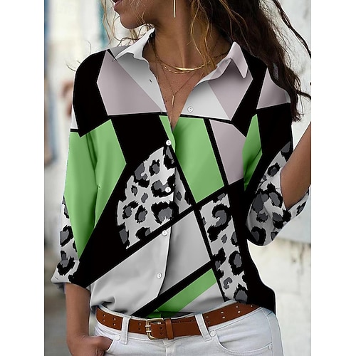  Damen Hemd Grafik Geometrisch Vintage Täglich Lässig Langarm Bischofsärmel Hemdkragen Normale Oberteile Täglich Ferien Druck Salbeigrün Orange Grün Khaki Sommer Frühling