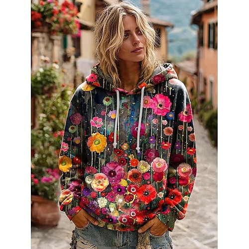  Damen 3D-Print Hoodie Pullover Sweatshirt Oversized Langarm Lässig Grafik Floral Warm Aktiv Kapuze Reguläre Tops Street Dailywear Patchwork Schwarz Weiß Gelb Dunkel Pink Frühling Herbst Winter