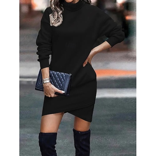  Damen Sweatshirtkleid Mini Kleid Wickelkleid Party Lässig Boho Formal Outdoor Zuhause Regulär Passform Einfarbig Geometrisch Karierte Langarm Rollkragen Schwarz Frühling Herbst Winter