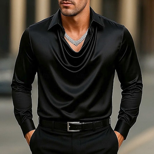  Men's Shirt Silk Like Satin Shirt Casual Shirt Plain Formal Wedding Silver Black Gold Green Long Sleeve Lapel Spring &  Fall All Seasons Clothing Apparel Ruched