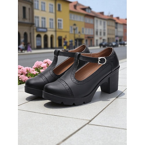  Sapatos Mary Jane femininos de salto grosso e tira em T azul claro – scarpins plataforma de couro sintético, bico redondo e tira com fivela para uso casual, trajes de escritório e eventos de primavera-verão