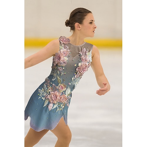 Blue Pink Ombre Rhinestone Figure Skating Dress for Women & Girls – Sleeveless Mesh Competition Costume with Full Open Back and Floral Asymmetrical Skirt 2026