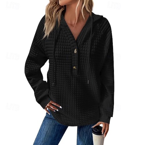  Dame Teksturert genser Pullover hettegenser-genser عادي Gatemote Fritid Langermet Med hette Vanlige topper Gate Ferie Ut på byen Knapper Svart Hvit Rosa Vin Høst Vinter