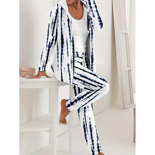  Completo da donna due pezzi, attivo, quotidiano, con felpa e pantaloni, manica lunga, girocollo, con cappuccio, stampa floreale sfumata, con coulisse, casual, nero e bianco, autunno, vestibilità