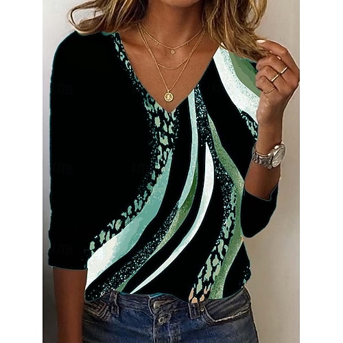 Mujer Sayo Camiseta Leopardo Bloque de color Letra Vintage Elegante Casual Manga Larga Escote en Pico Tops regulares Diario Deportes Fin de semana Estampado Rosa Azul Piscina Marrón Verde Trébol Otoño
