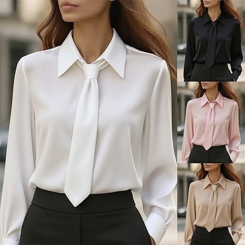  Damen Elegant Satin Arbeitshemd Bluse Einfach Modern Lässig Langarm Hemdkragen Normale Oberteile Täglich Ferien Patchwork Schwarz Weiß Rosa Khaki Herbst