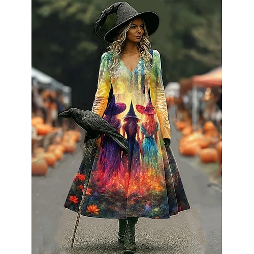  Halloween dámské maxi šaty s potiskem čarodějnice A-line šaty dovolená ležérní boho plážové pravidelné střih květinová grafika Hocus Pocus dlouhý rukáv výstřih do V žlutá tmavě zelená fialová