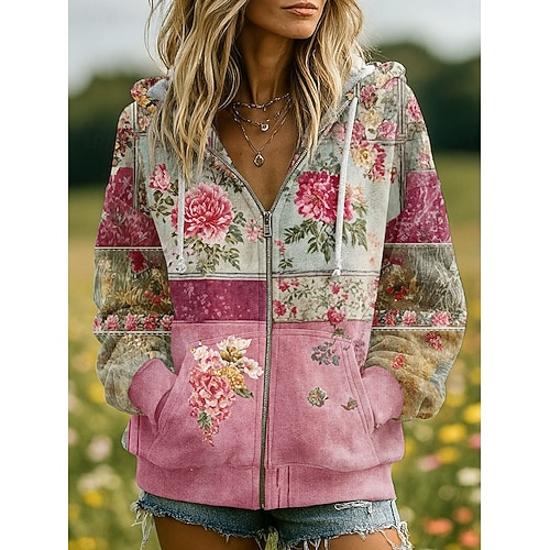  Felpe con Cappuccio 3D Donna Stampate con Grafica Floreale Moda Casual Boho Maniche Lunghe Cappuccio Top Regolari Abbigliamento Stradale Quotidiano Patchwork Tasca con Cerniera Rosa Rosso Blu