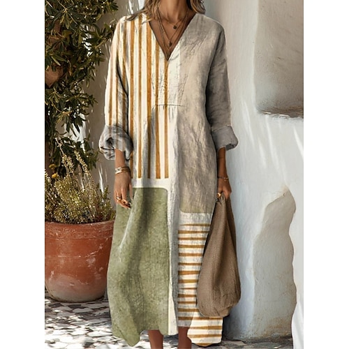  Femmes Robe maxi Robe d'Été Robe trapèze Vacances Occasionnel Boho Soirée Fête Plage Coupe Ample Graphique Géométrique Abstrait manche longue Col en V Marron Sapin Rouge Foncé Rouge Marron clair