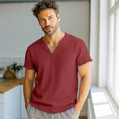  Homme T-shirt T-shirt en lin Manches courtes Col en V Été Printemps Couleur Unie Uni Mode Designer Basique Flexible Vacances Occasionnel Décontracté Quotidien Blanche Rose Claire Rouge Bordeaux