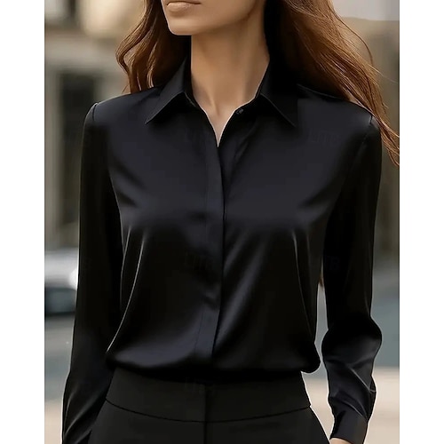  Damen Arbeitshemd Bluse Einfach Modern Lässig Langarm Hemdkragen Normale Oberteile Täglich Ferien Knöpfe Schwarz Weiß Blau Grau Herbst