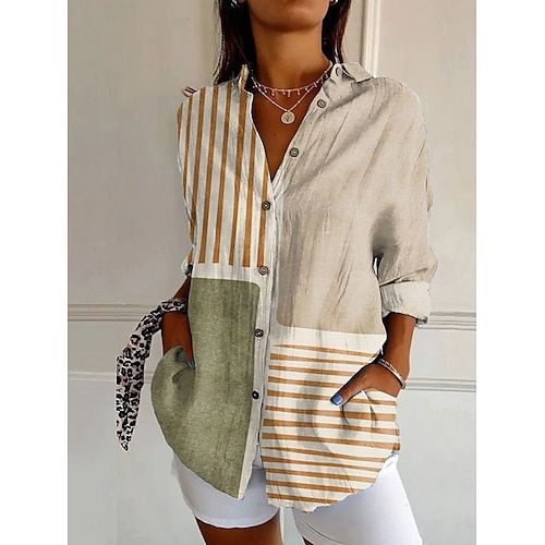  Damen Hemd Grafik Geometrisch Vintage Täglich Lässig Langarm Bischofsärmel Hemdkragen Normale Oberteile Täglich Ferien Druck Salbeigrün Orange Grün Khaki Sommer Frühling