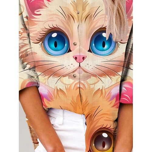  Women's Shirt Cat Active Daily Stylish Long Sleeve Shirt Collar Regular Tops Daily Holiday Buttons Print Pink Summer Spring Fall
